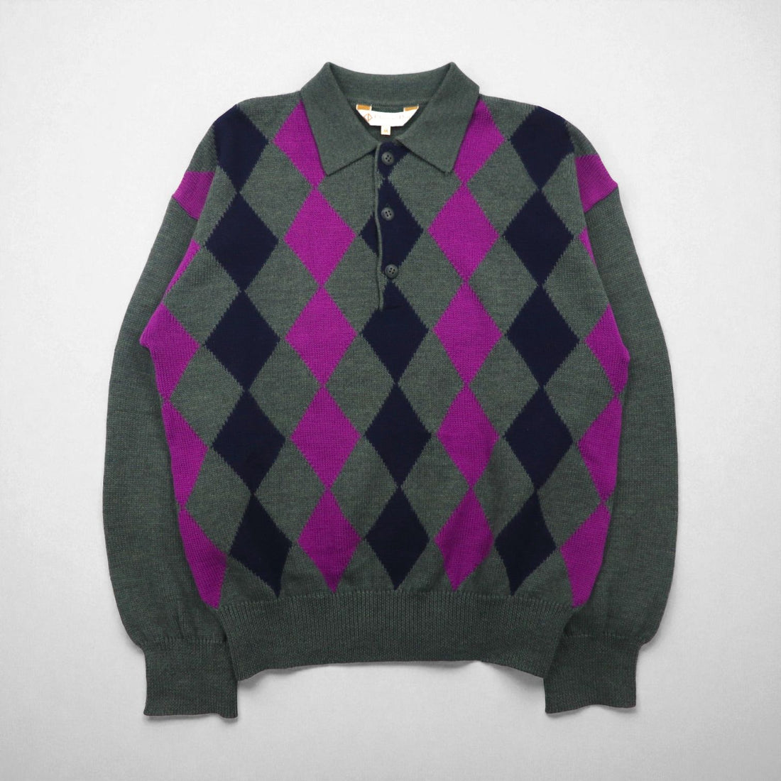 Christian Dior SPORTS 90s Made in Japan Polo Knit Sweater, Size M, Charcoal Wool Argyle