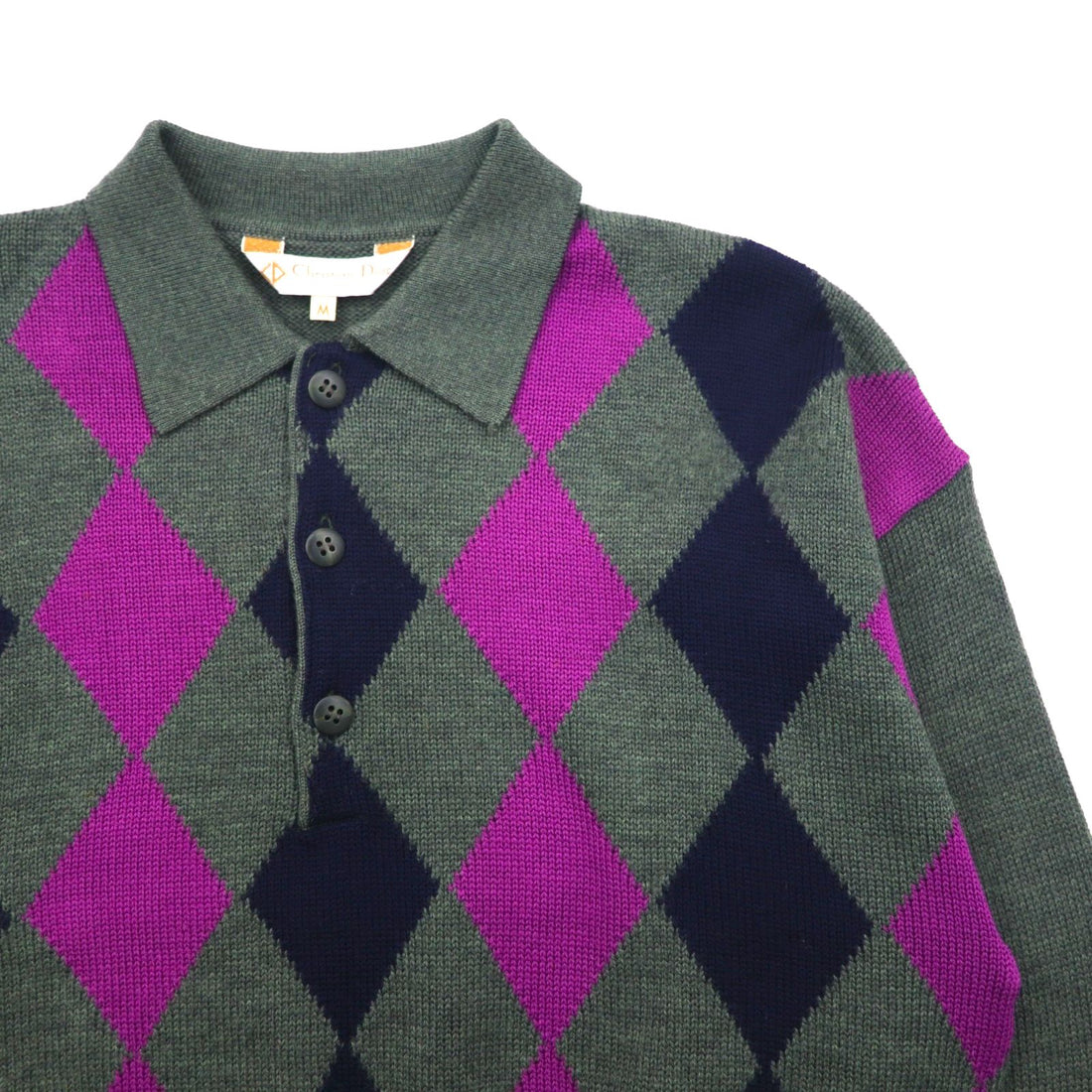 Christian Dior SPORTS 90s Made in Japan Polo Knit Sweater, Size M, Charcoal Wool Argyle