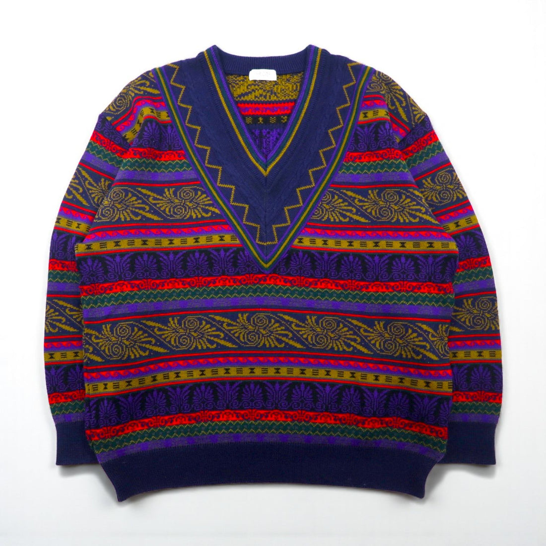 Japan Vintage 90s Jacquard Knit Sweater, Jacquard Design Knit Sweater, XL, All-Over Print, V-Neck, MERDOVER, 90s, Made in Japan