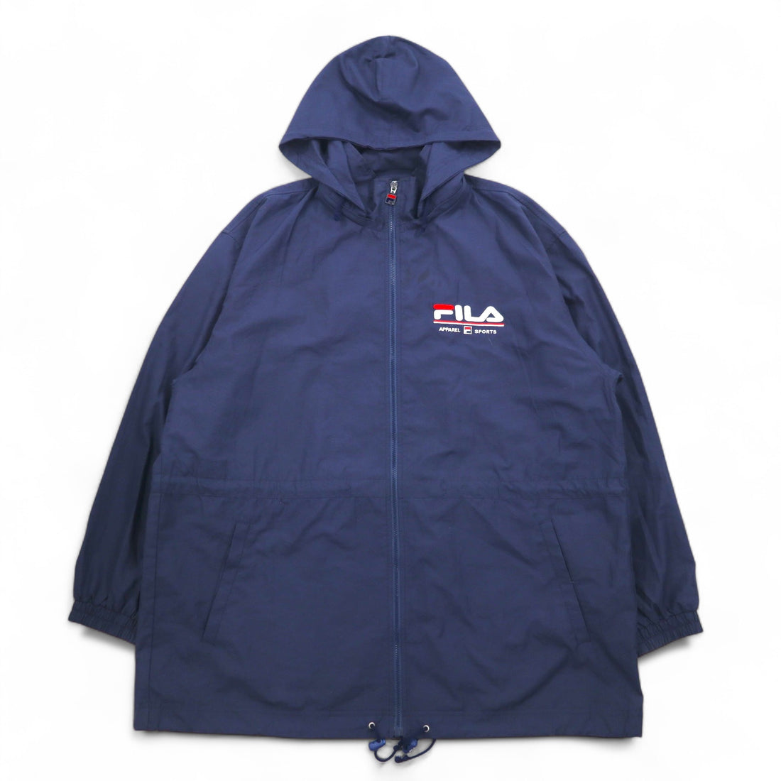 FILA 90s nylon parka, XL, navy, mesh liner, detachable hood, drawcord