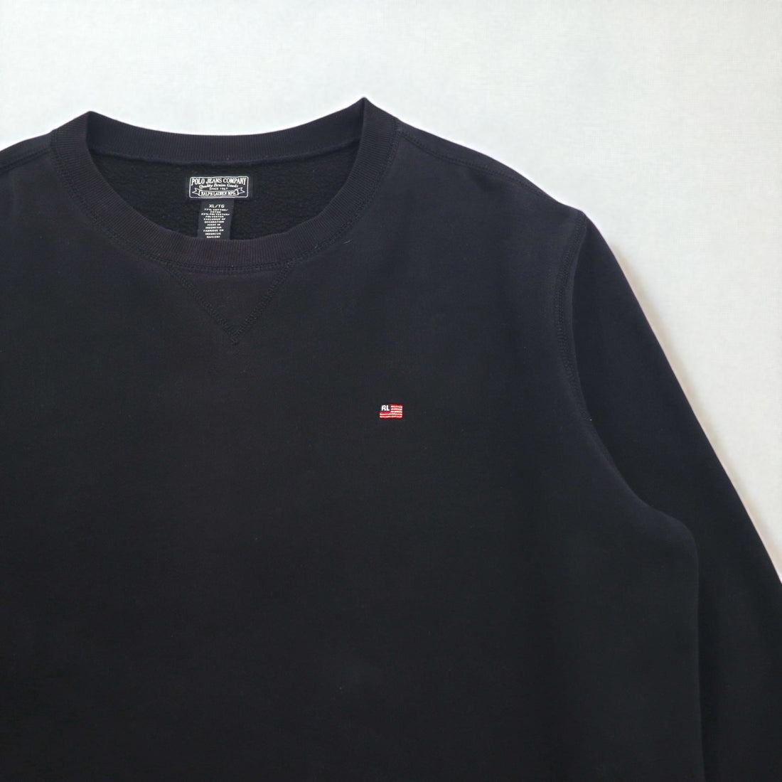 POLO JEANS COMPANY RALPH LAUREN V-neck crew neck sweatshirt, XL, black, solid color, one-point logo embroidery
