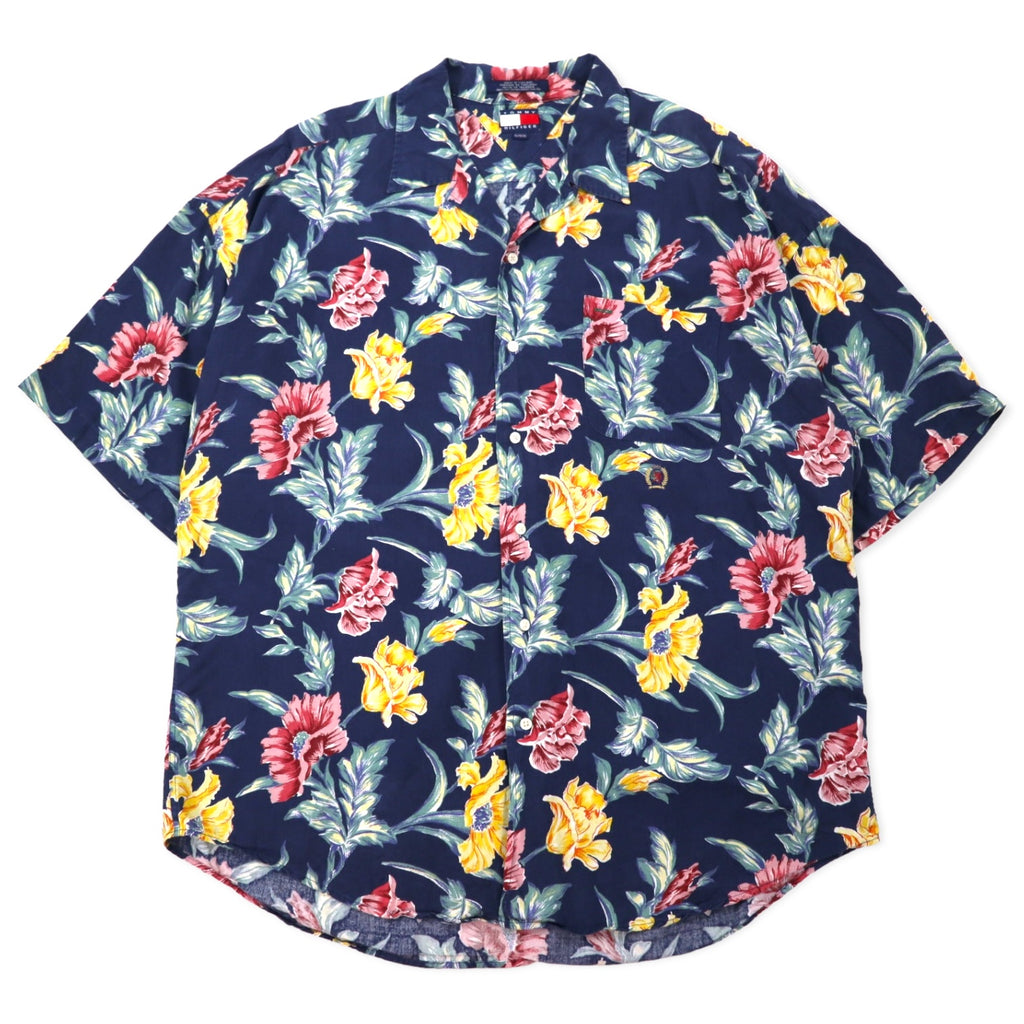 日本然リトテ-古着オンライン-TOMMY HILFIGER 90年代 オープンカラー アロハシャツ XL ネイビー レーヨン 花柄 ビッグサイズ-TOMMY HILFIGER 90's Open Collar Hawaiian Shirt XL Navy Rayon Floral Pattern Big Size