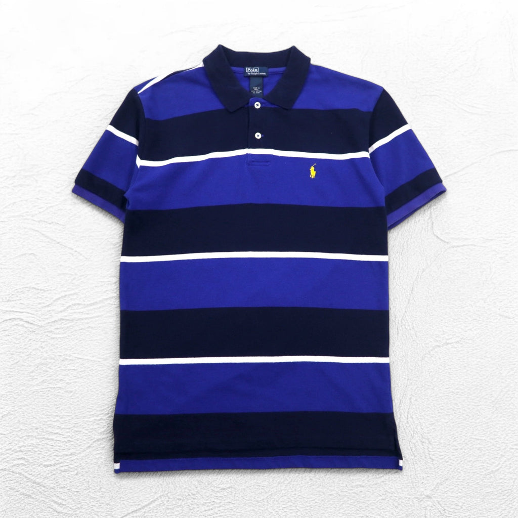 Polo by Ralph Lauren 90s Striped Polo Shirt, Medium, Navy, Blue, Pique, Small Pony Embroidery, Made in Peru