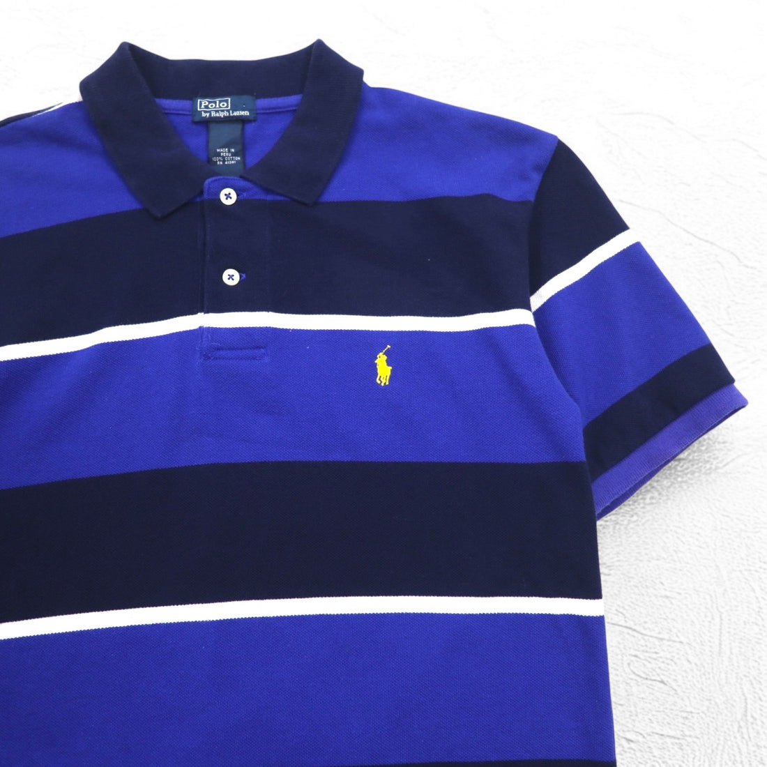 Polo by Ralph Lauren 90s Striped Polo Shirt, Medium, Navy, Blue, Pique, Small Pony Embroidery, Made in Peru