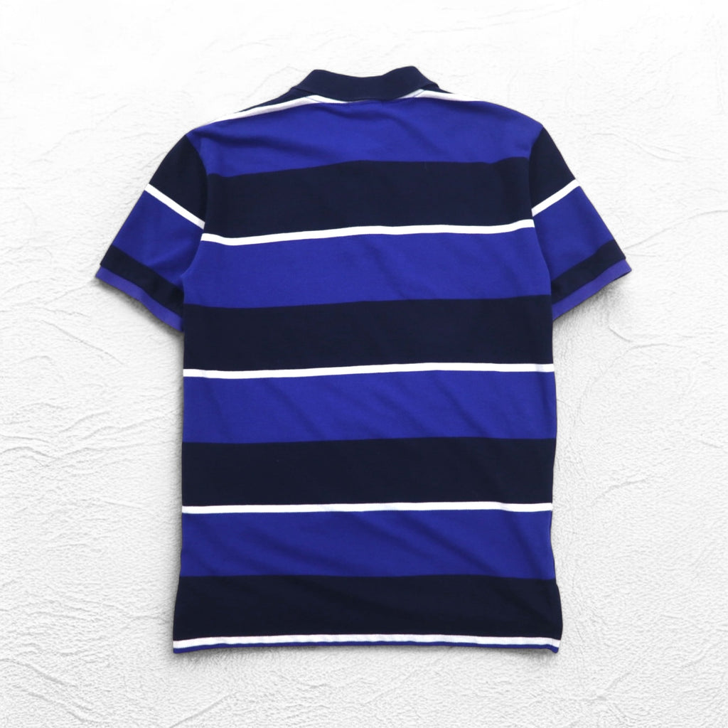 Polo by Ralph Lauren 90s Striped Polo Shirt, Medium, Navy, Blue, Pique, Small Pony Embroidery, Made in Peru