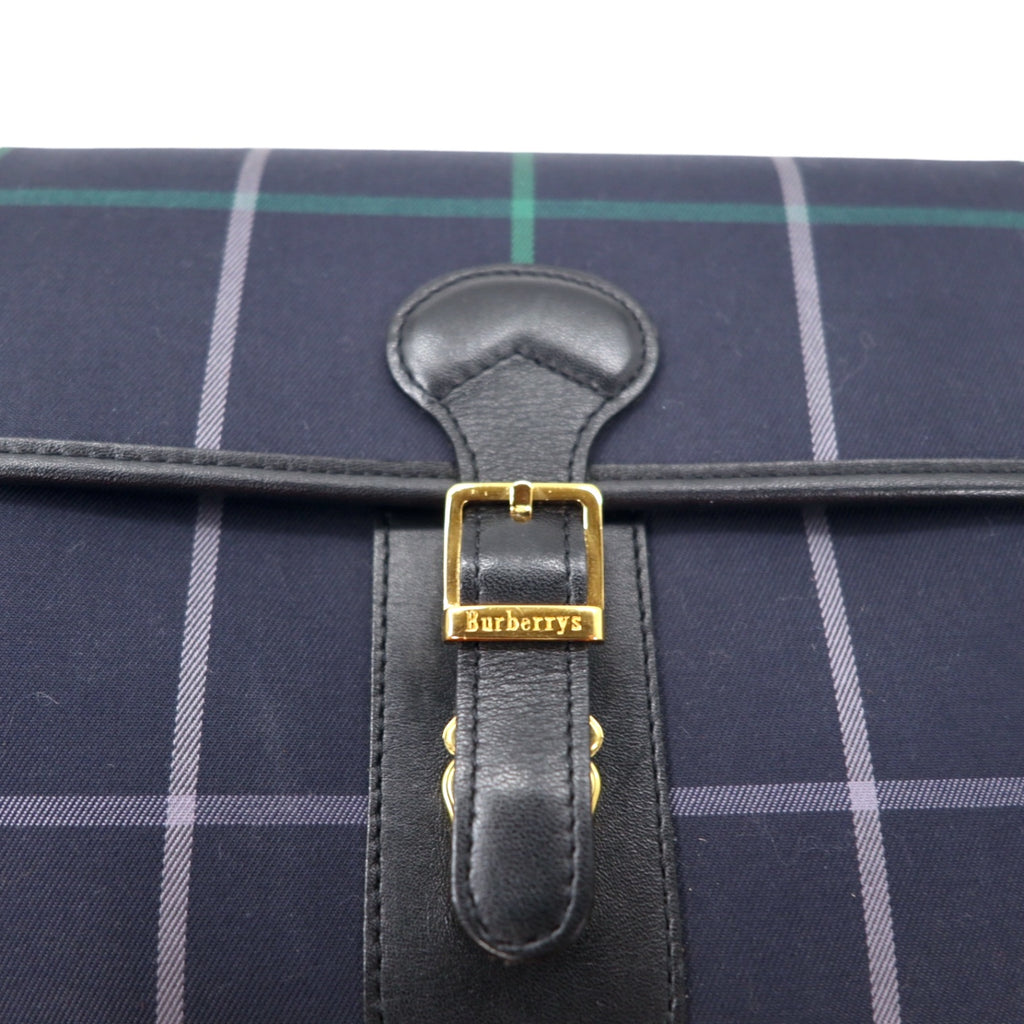 Burberrys Old Windowpane Check Shoulder Bag Navy Nylon Canvas Leather
