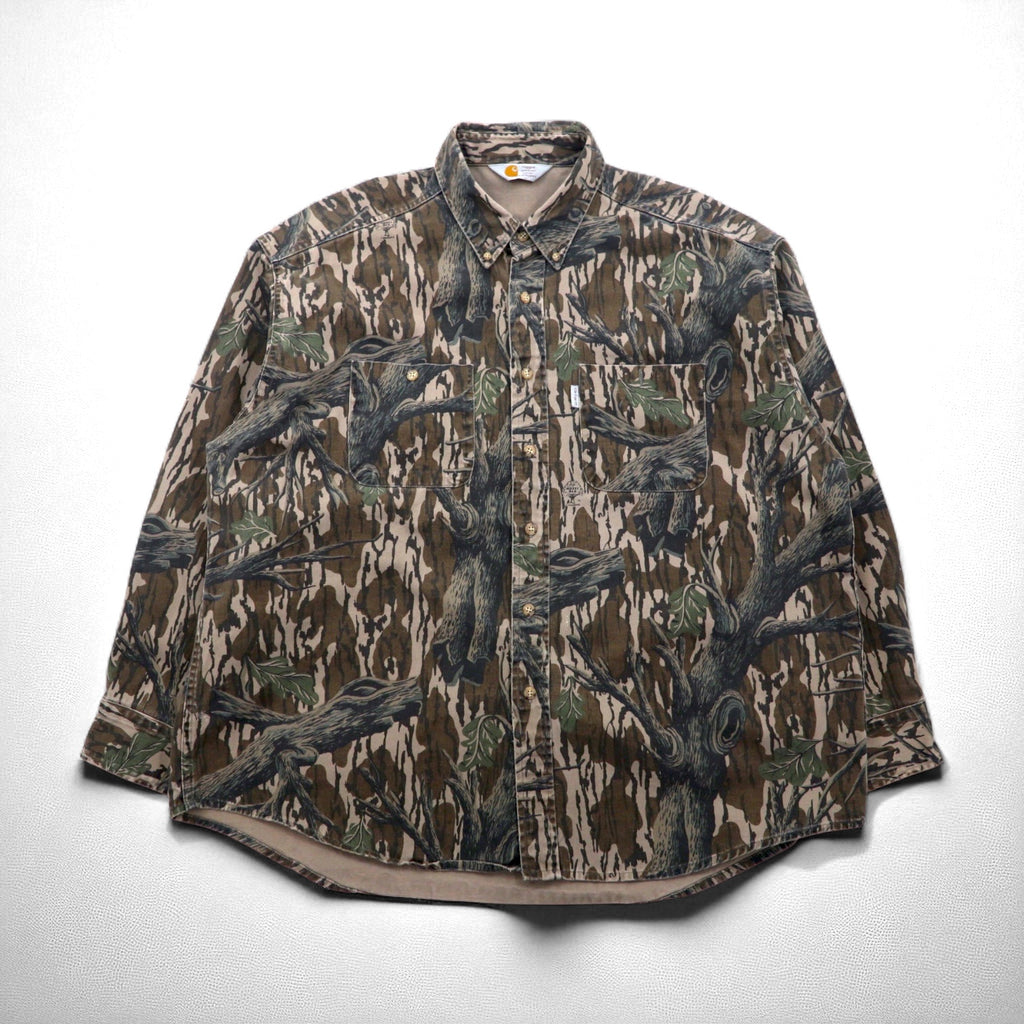 Carhartt 90s Tree Camo Button-Down Work Shirt, Size XL, Khaki, Mossy Oak Camo, Rugged Outdoor Wear