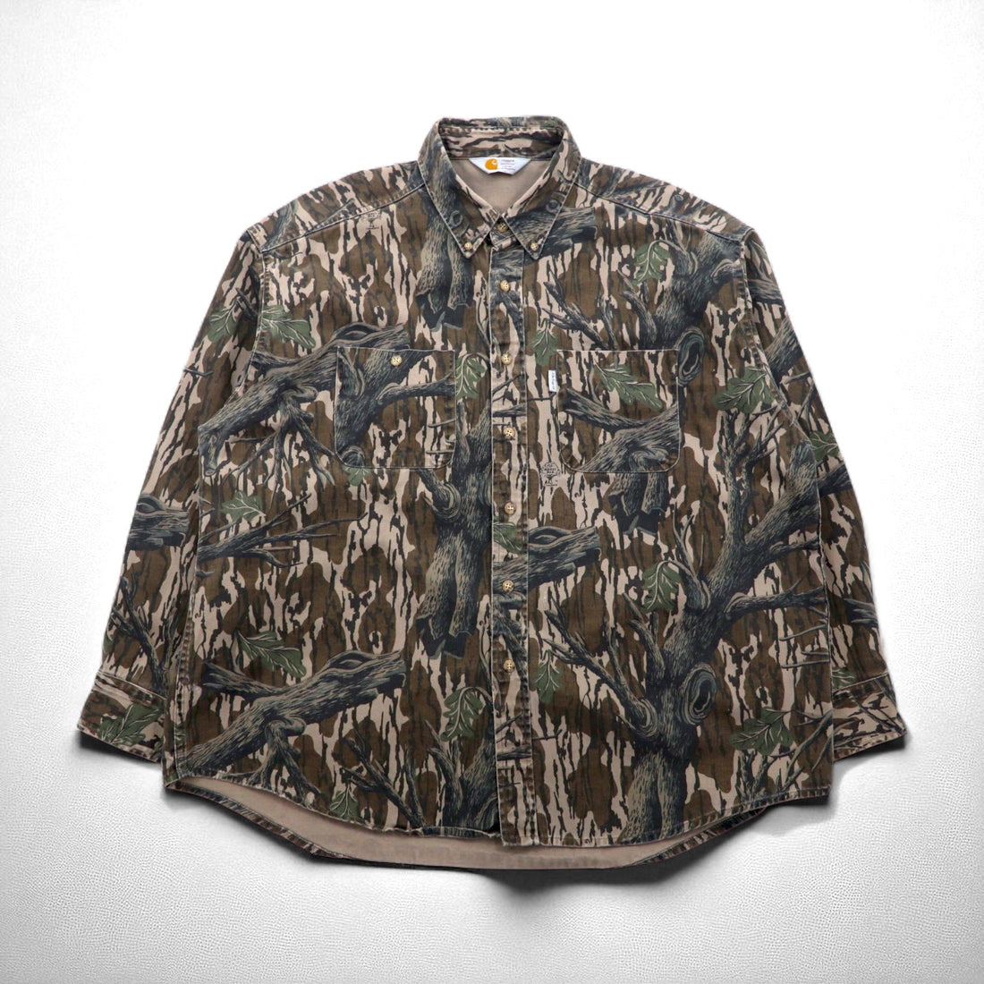Carhartt 90s Tree Camo Button-Down Work Shirt, Size XL, Khaki, Mossy Oak Camo, Rugged Outdoor Wear