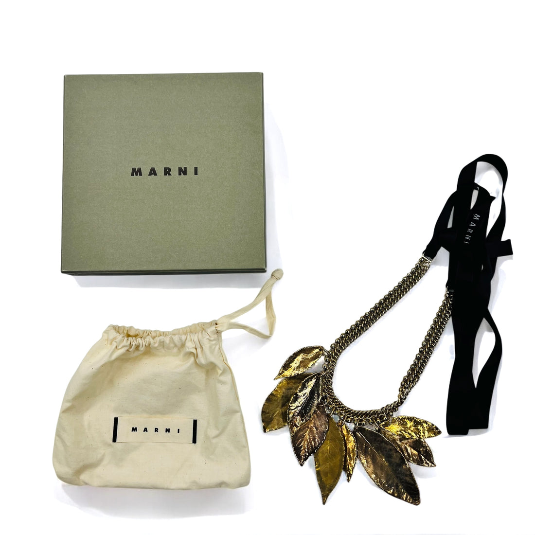 MARNI ribbon necklace in leaf gold and black metal