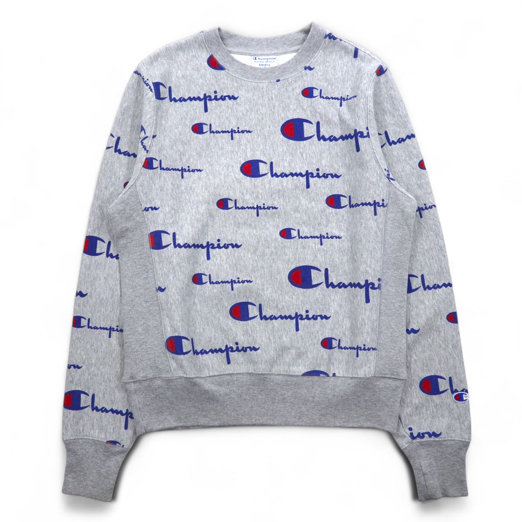 Champion Reverse Weave Sweatshirt L Grey All-over Script Logo Blue Single Tag Reissue