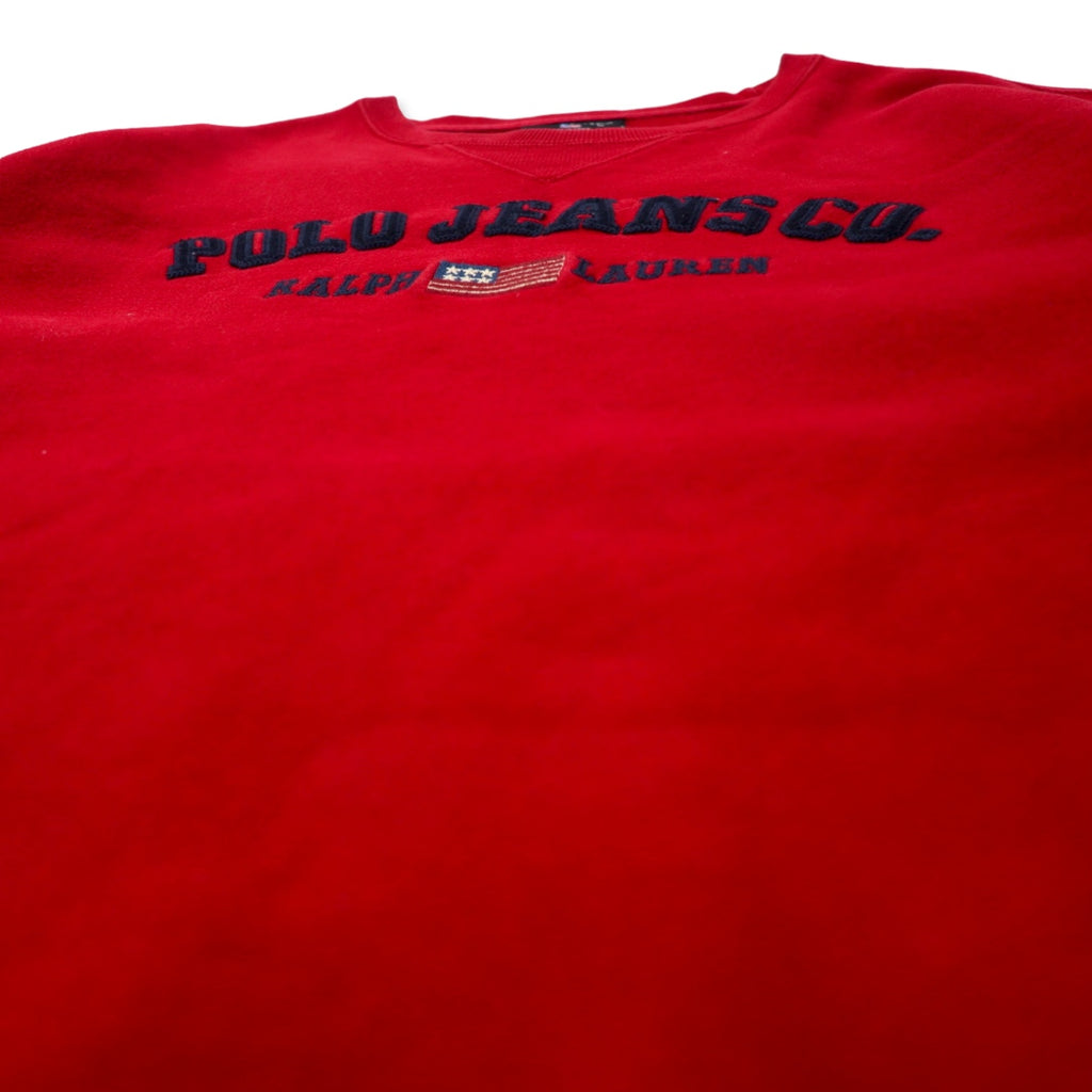 POLO JEANS CO. RALPH LAUREN 90s Reverse Weave Logo Embroidered Sweatshirt M Red Cotton Stars and Stripes Front V