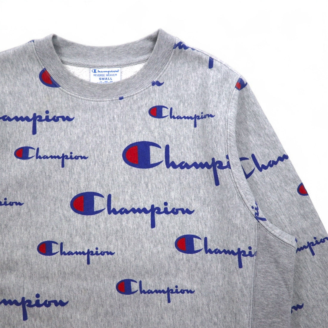 Champion Reverse Weave Sweatshirt L Grey All-over Script Logo Blue Single Tag Reissue