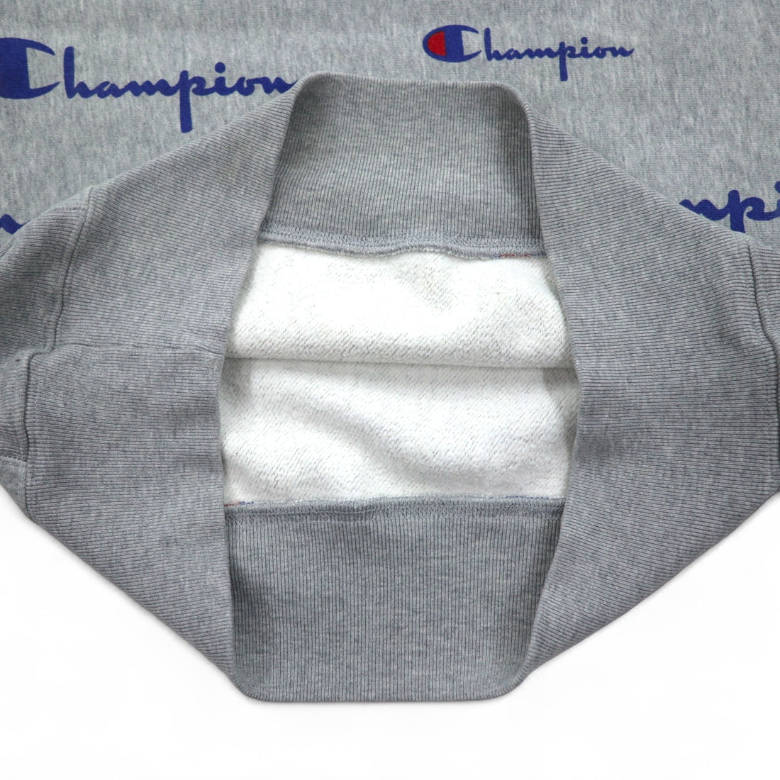 Champion Reverse Weave Sweatshirt L Grey All-over Script Logo Blue Single Tag Reissue