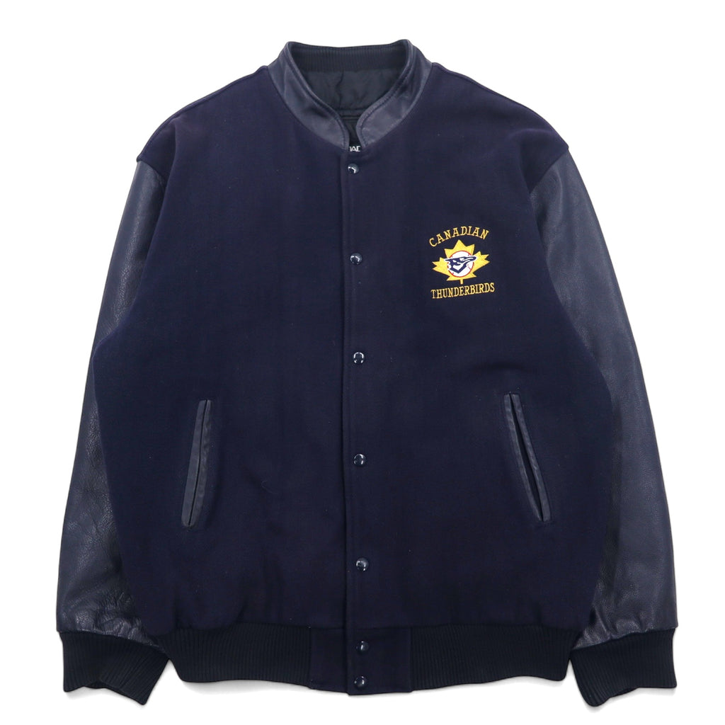 日本然リトテ-古着オンライン-カナダ製 90年代 CANADA SPORTSWEAR 袖レザー スタジャン XL ネイビー レザー ウール CANADIAN THUNDERBIRDS 刺繍-Canada Made 90's CANADA SPORTSWEAR Sleeve Leather Varsity Jacket XL Navy Leather Wool CANADIAN THUNDERBIRDS Embroidery