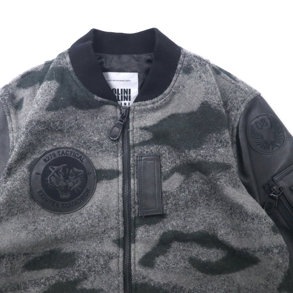BOLINI BOLINI Sleeve Leather Stadium Jacket 48 Gray Black Camouflage Pattern Melton Wool Goat Leather Goat Leather Tiger Back Embroidery