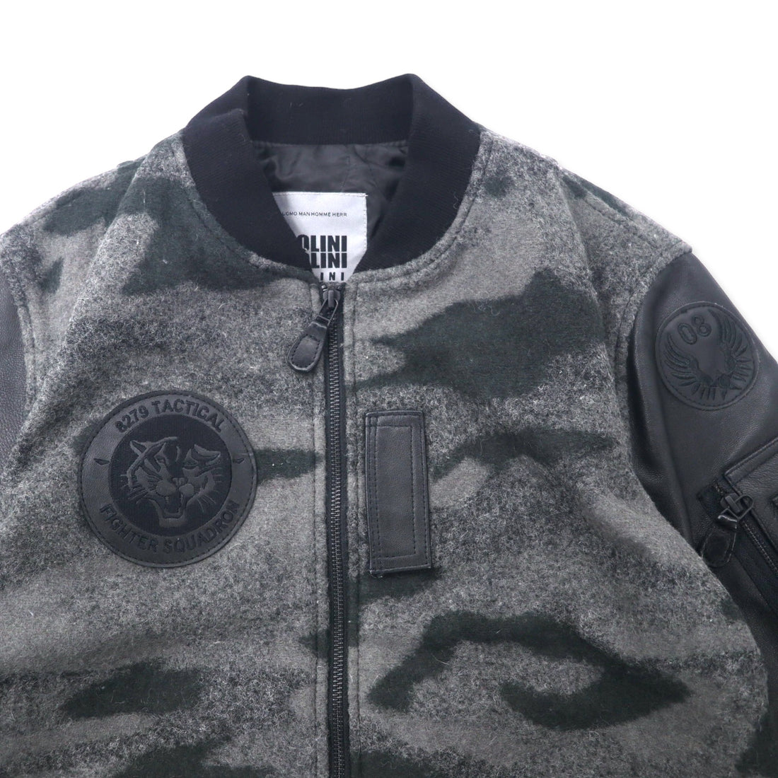 BOLINI BOLINI Sleeve Leather Stadium Jacket 48 Gray Black Camouflage Pattern Melton Wool Goat Leather Goat Leather Tiger Back Embroidery