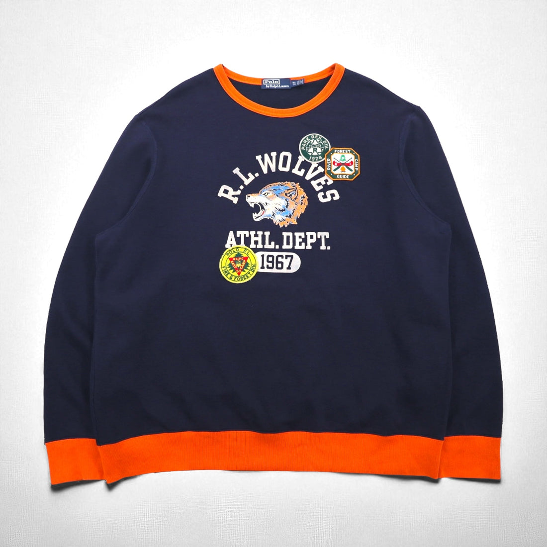 Polo by Ralph Lauren fleece graphic sweatshirt, size 2XL, navy, with brushed lining and patch. RLWOLVES ATHL. DEPT.