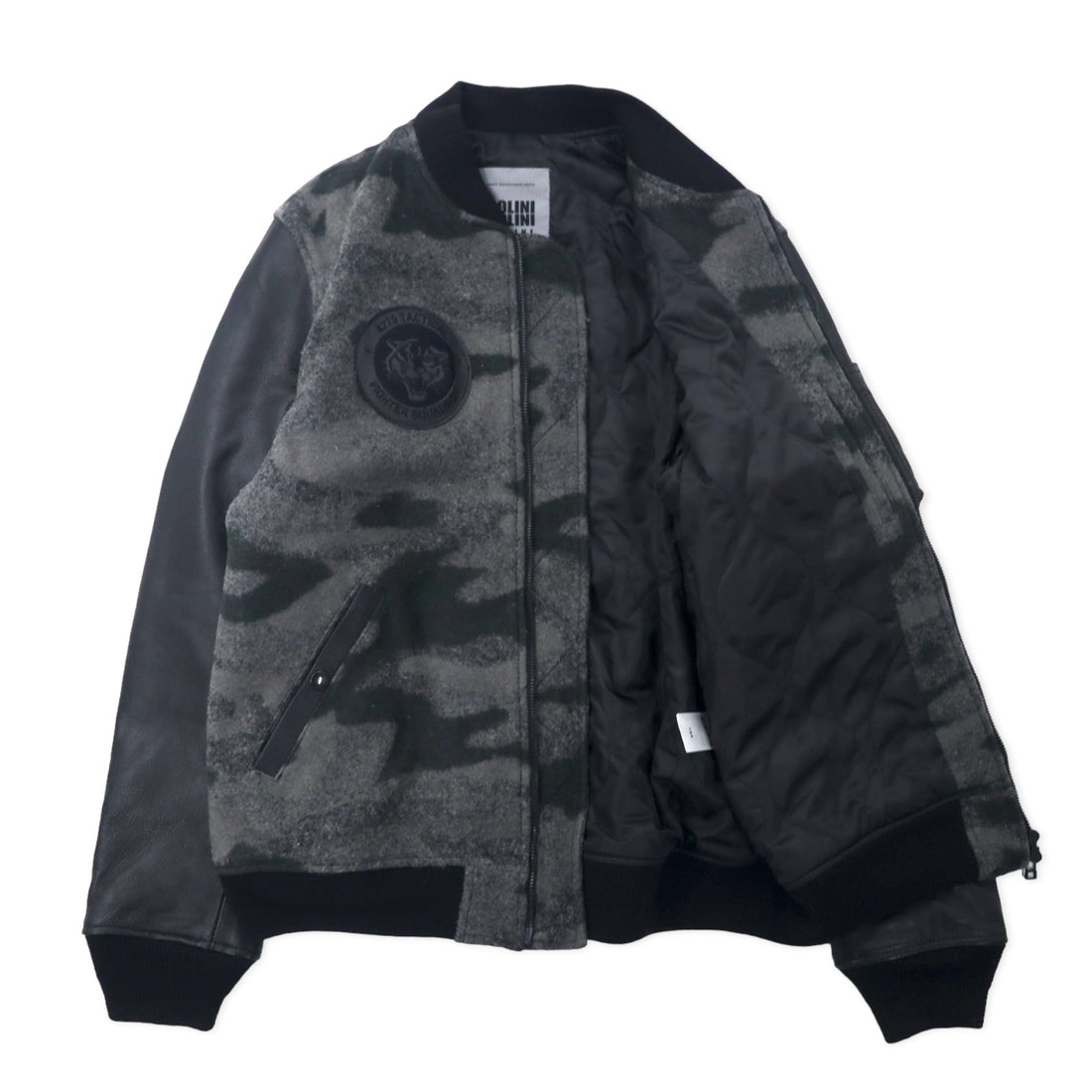 BOLINI BOLINI Sleeve Leather Stadium Jacket 48 Gray Black Camouflage Pattern Melton Wool Goat Leather Goat Leather Tiger Back Embroidery