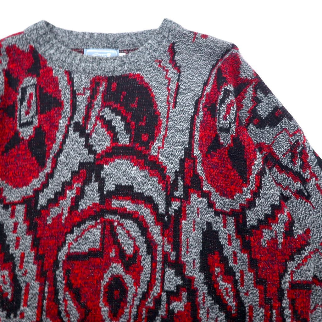 Made in USA 90s Le TIGRE all-over print acrylic knit sweater XXL grey red