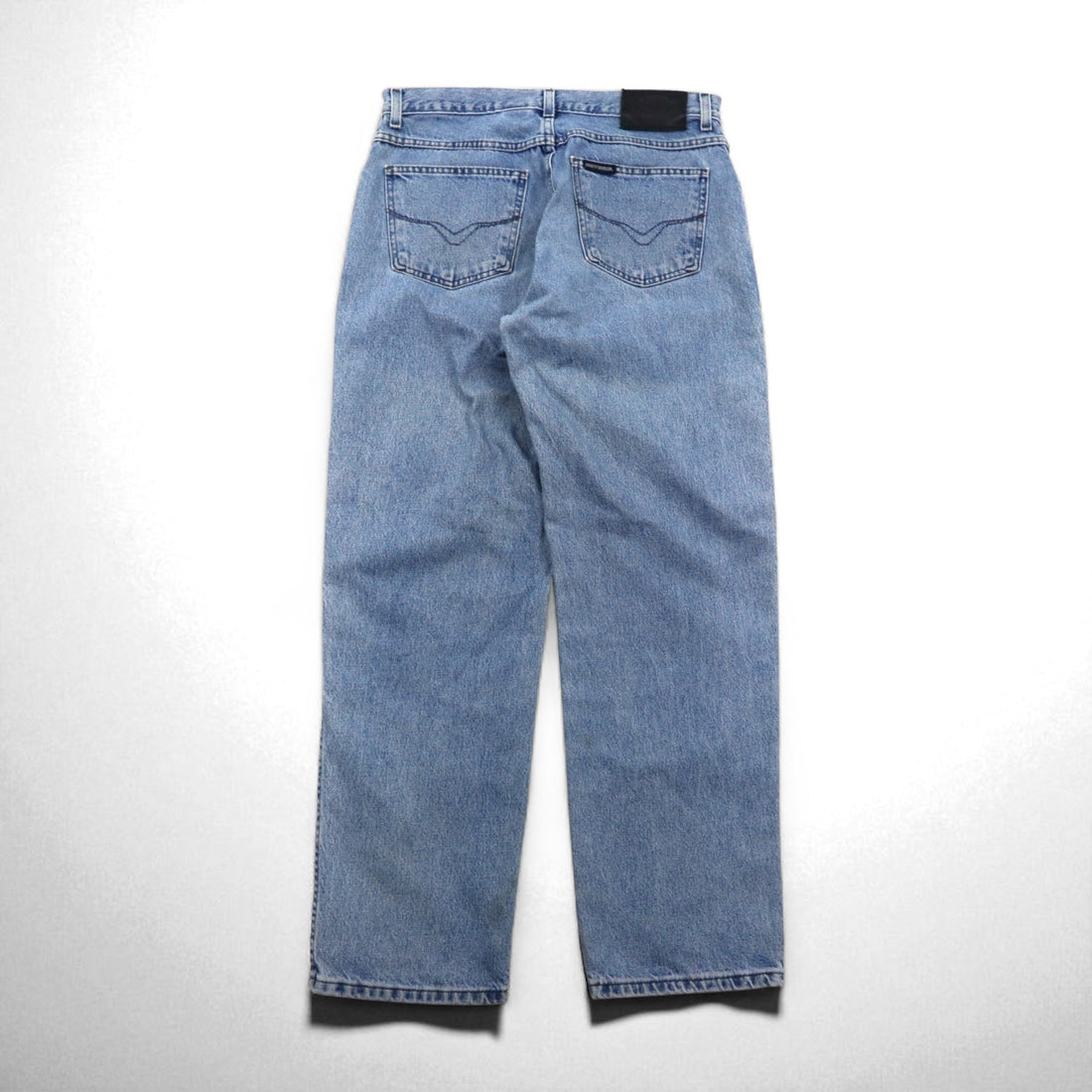 HARLEY DAVIDSON Relaxed Fit Tapered Denim Pants, Size L, Indigo, Zipper Fly, Leather Patch, Made in Mexico