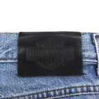HARLEY DAVIDSON Relaxed Fit Tapered Denim Pants, Size L, Indigo, Zipper Fly, Leather Patch, Made in Mexico
