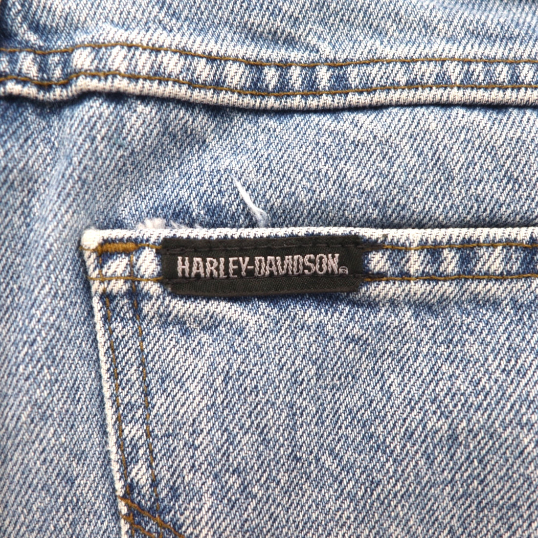 HARLEY DAVIDSON Relaxed Fit Tapered Denim Pants, Size L, Indigo, Zipper Fly, Leather Patch, Made in Mexico