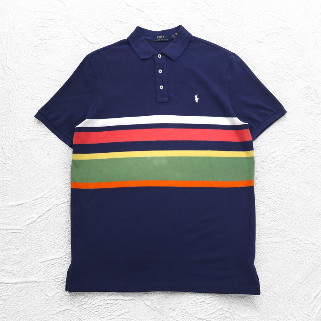 POLO RALPH LAUREN Striped Polo Shirt M Navy Cotton Pique Small Pony Embroidery