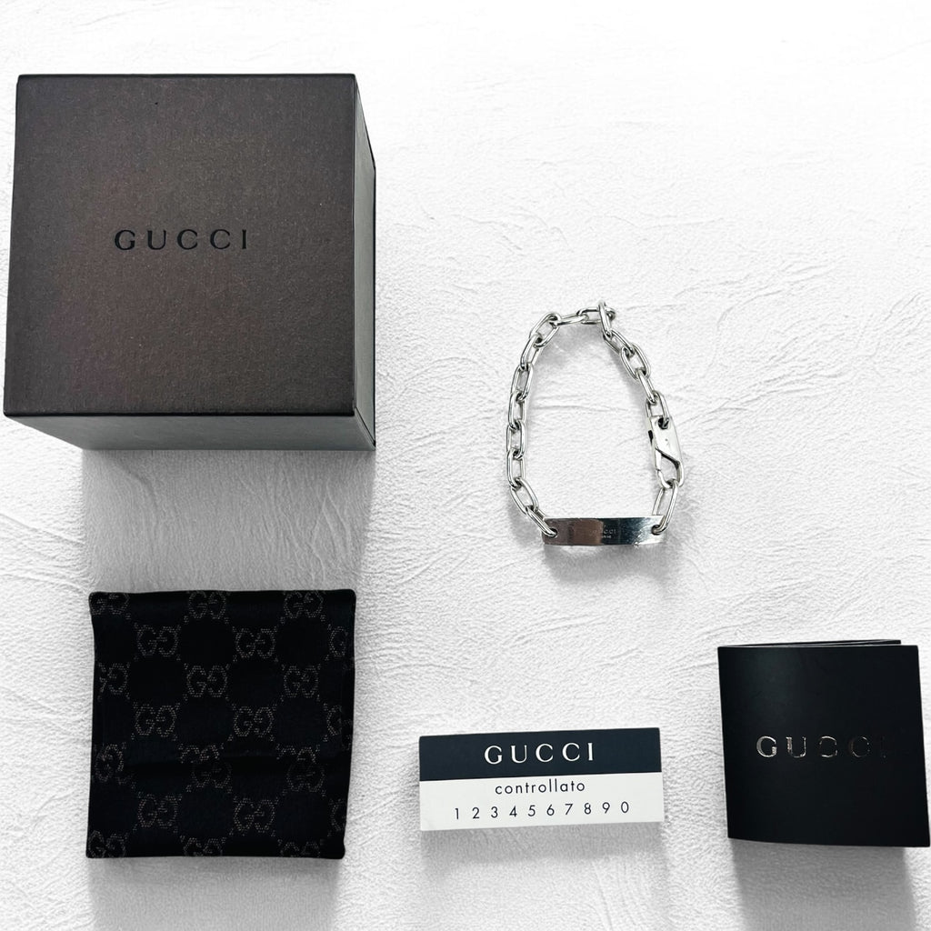 GUCCI Made in Italy Old Gucci Link Chain Bracelet Silver 925 Logo Plate ID