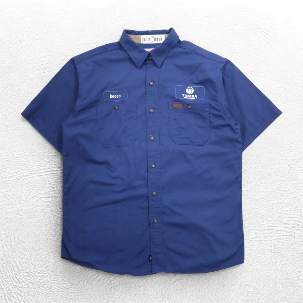 Carhartt Short Sleeve Work Shirt L Navy Cotton Chest Pocket American Company Embroidery TIMBER 384-19 Made in Mexico
