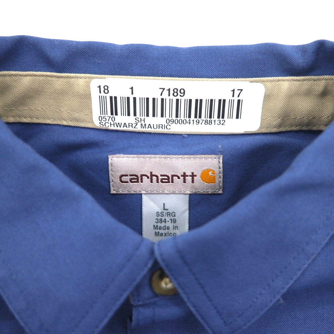 Carhartt Short Sleeve Work Shirt L Navy Cotton Chest Pocket American Company Embroidery TIMBER 384-19 Made in Mexico