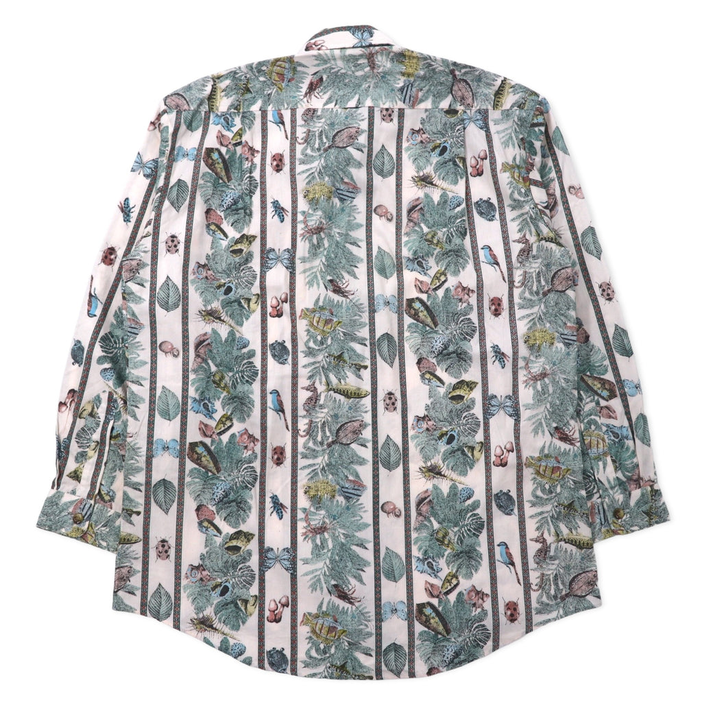 FUSION All-over print dress shirt L size White stripes Cotton Fish insects botanical Made in Japan