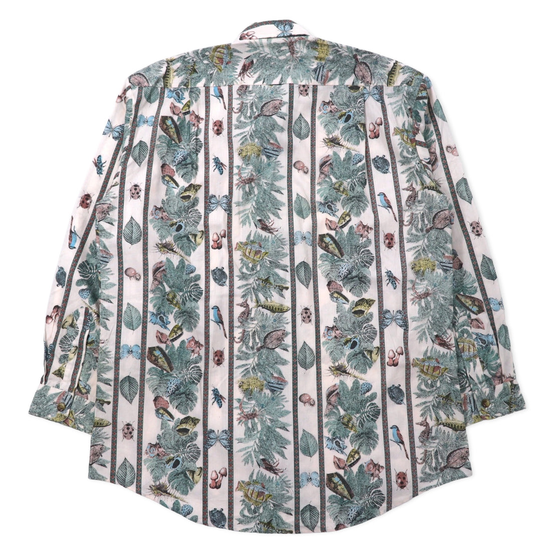 FUSION All-over print dress shirt L size White stripes Cotton Fish insects botanical Made in Japan