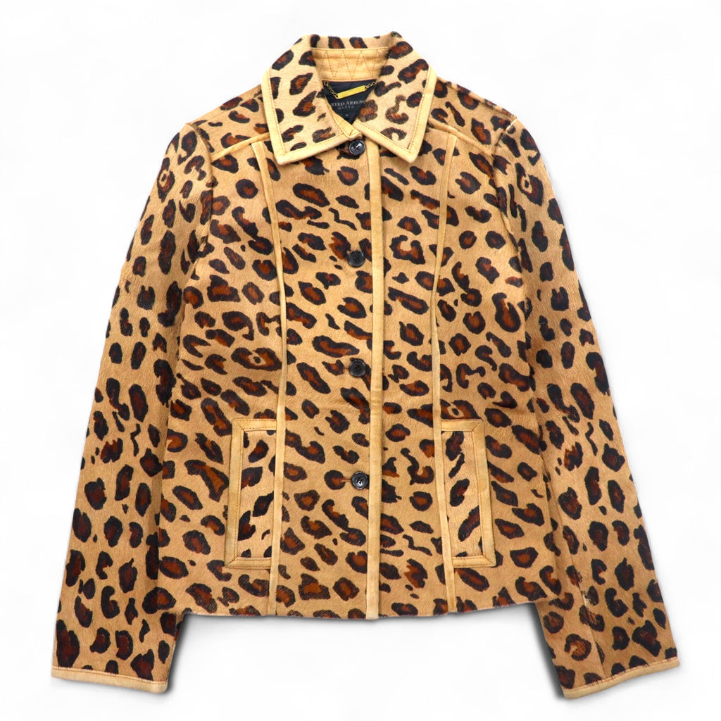 UNITED ARROWS SLITZ pony riders jacket, size S, beige, leopard print, cowhide, all-over animal pattern