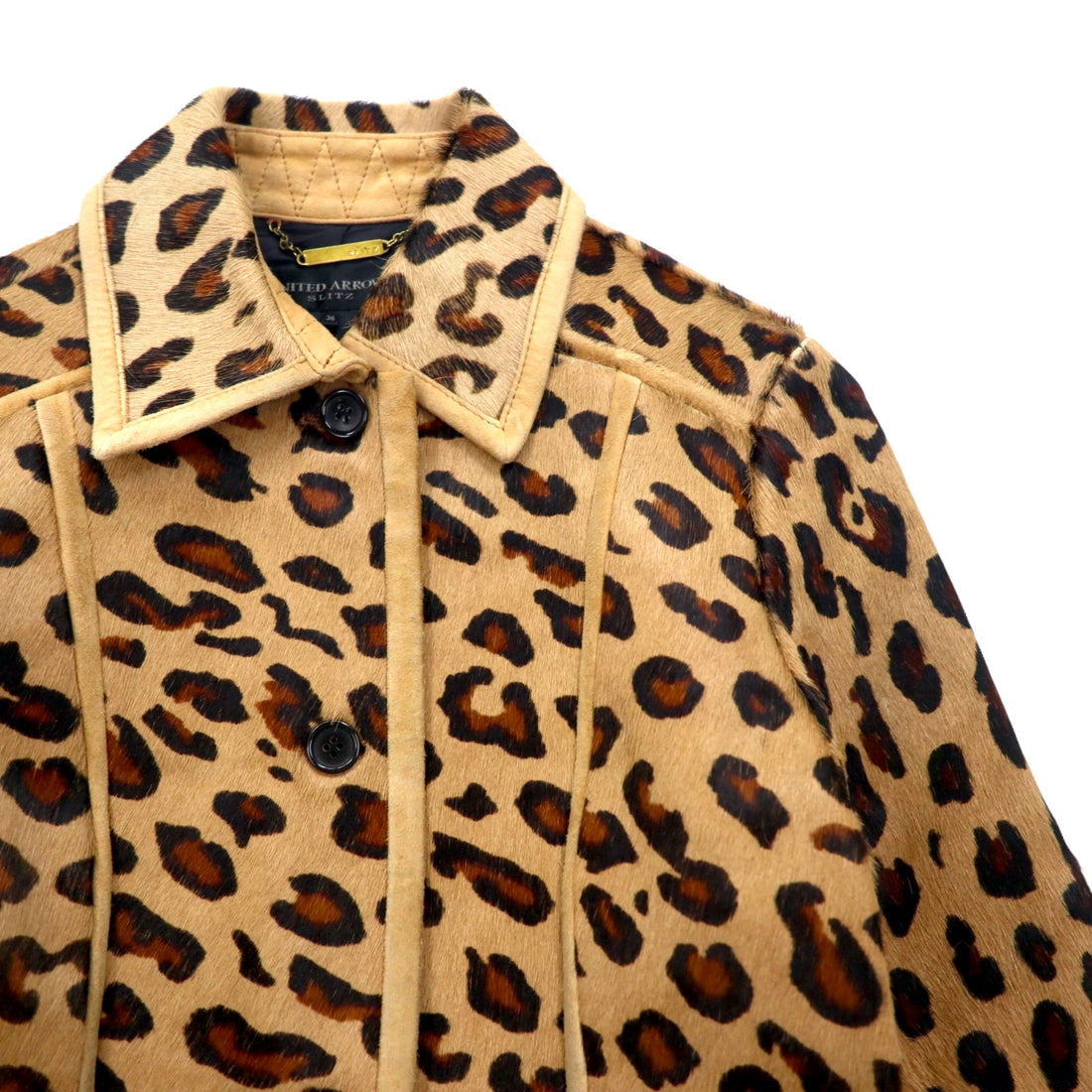UNITED ARROWS SLITZ pony riders jacket, size S, beige, leopard print, cowhide, all-over animal pattern