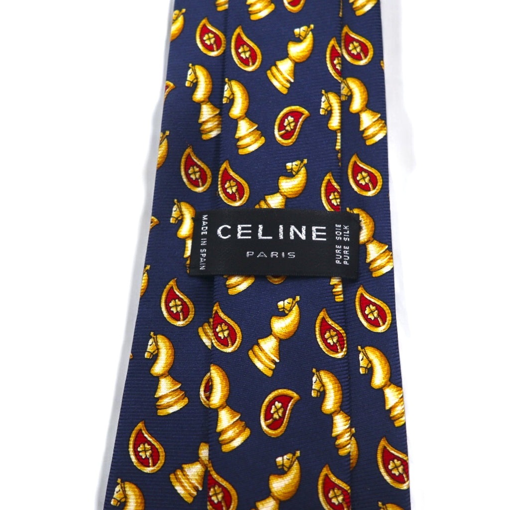 CELINE スペイン製 ネクタイ ネイビー シルク 総柄 チェス