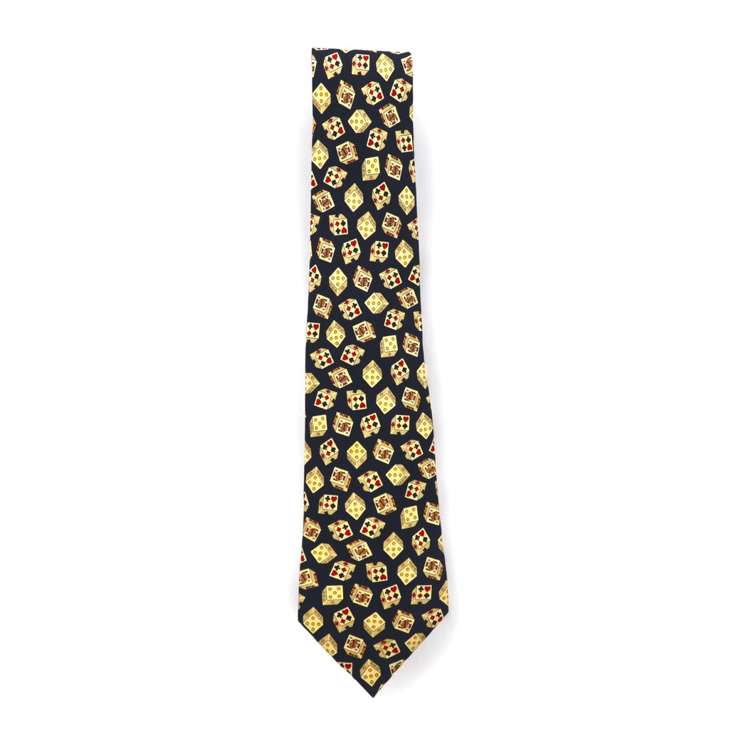 CELINE Made in Spain Navy Silk Necktie All-over Pattern Playing Cards Dice