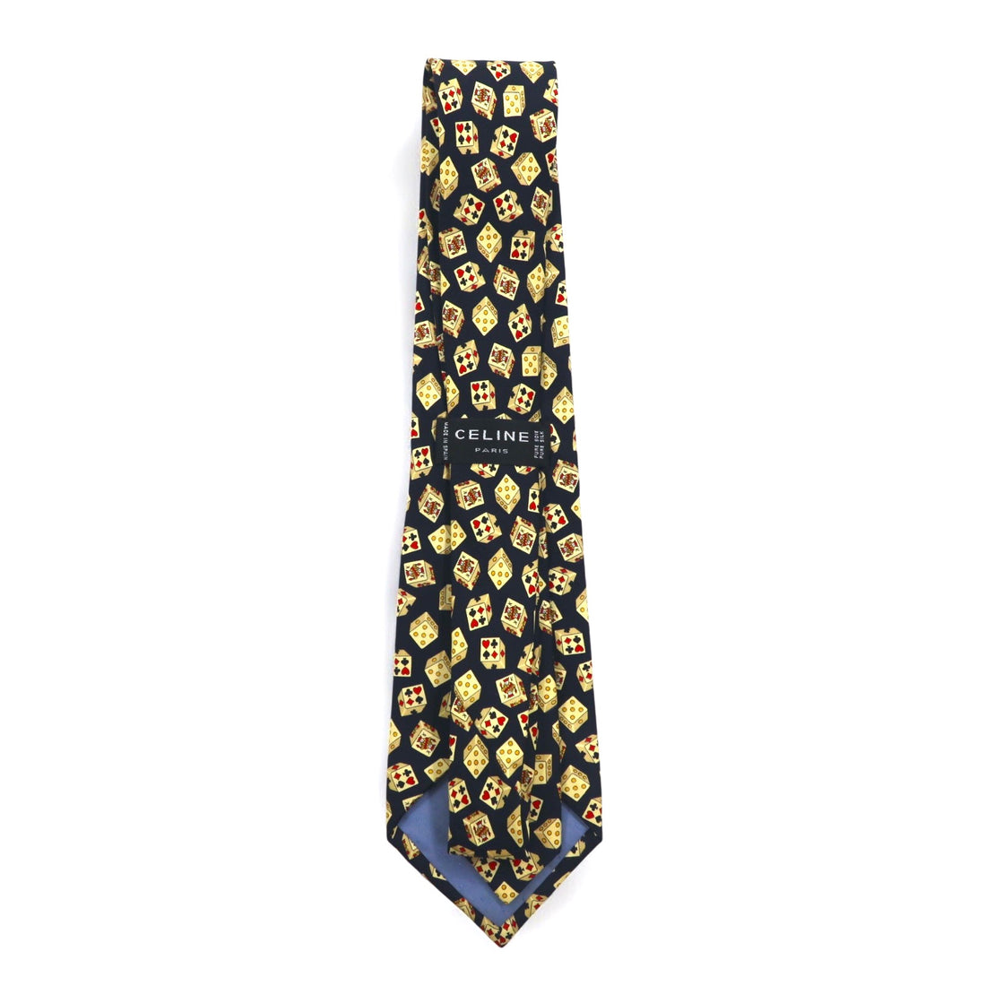 CELINE Made in Spain Navy Silk Necktie All-over Pattern Playing Cards Dice