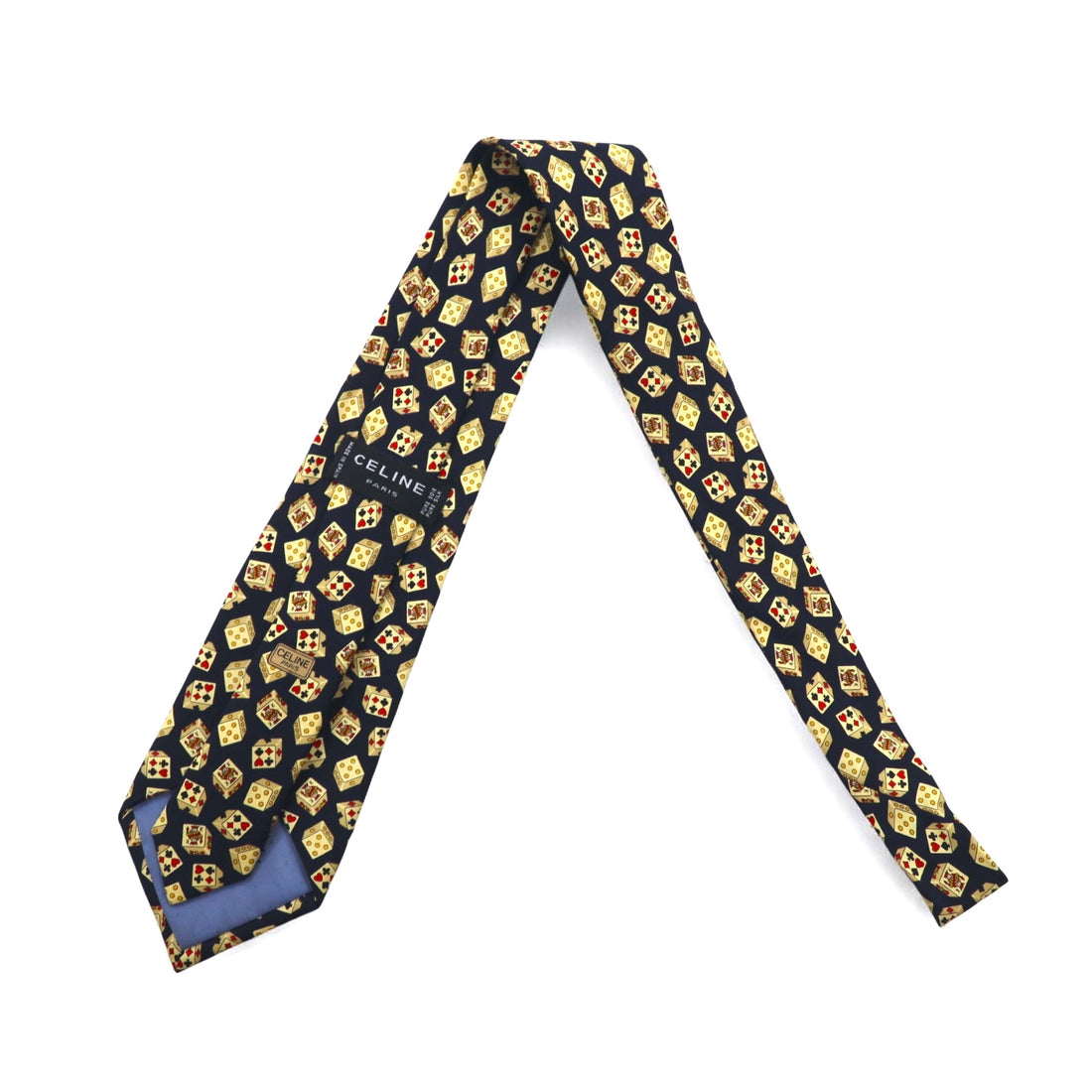 CELINE Made in Spain Navy Silk Necktie All-over Pattern Playing Cards Dice
