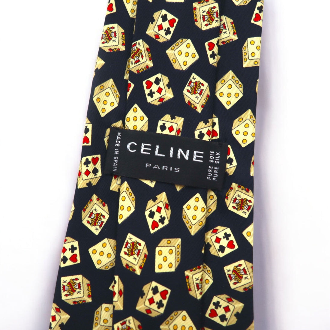 CELINE Made in Spain Navy Silk Necktie All-over Pattern Playing Cards Dice