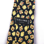 CELINE Made in Spain Navy Silk Necktie All-over Pattern Playing Cards Dice