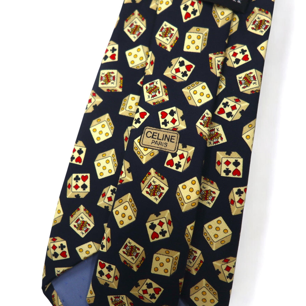 CELINE Made in Spain Navy Silk Necktie All-over Pattern Playing Cards Dice