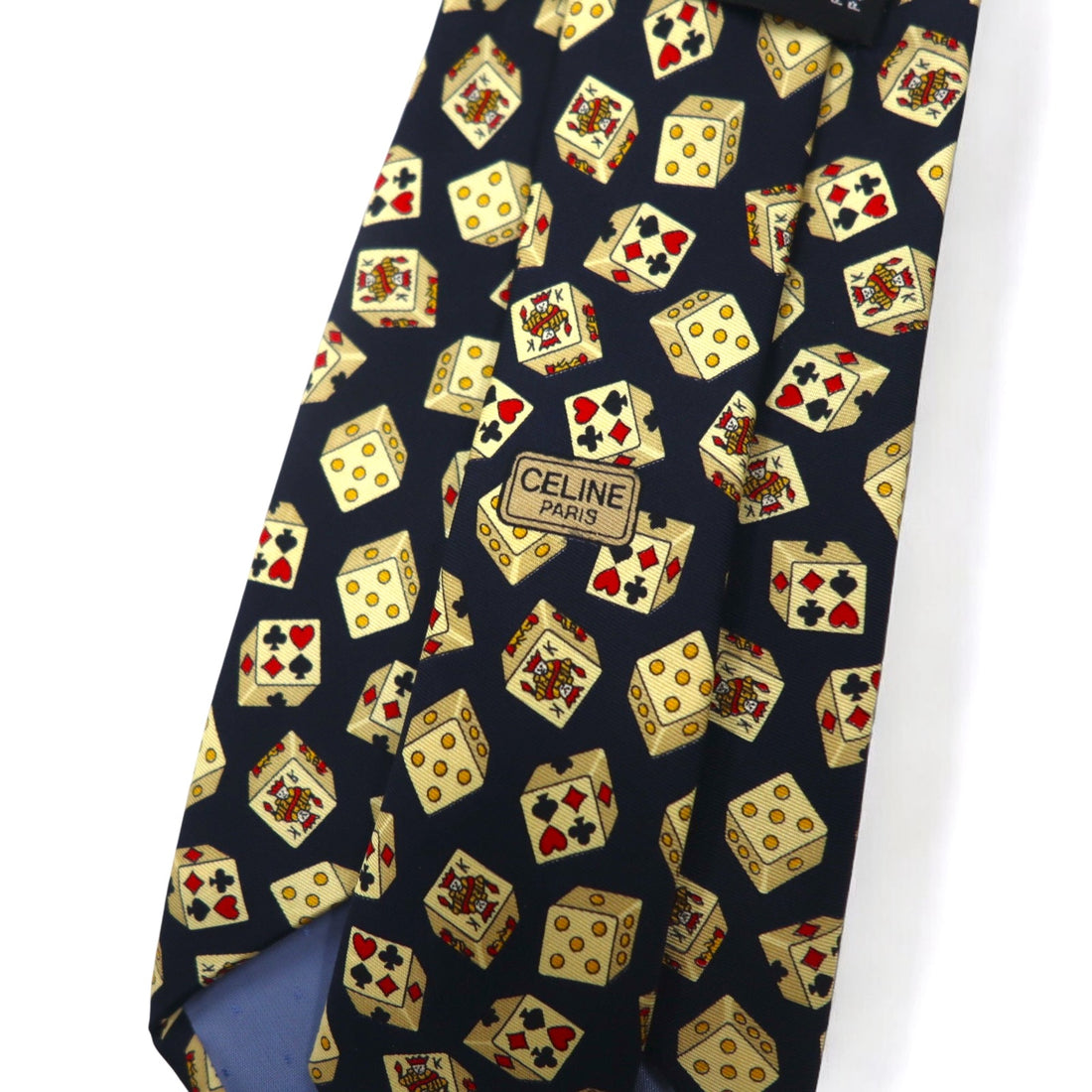 CELINE Made in Spain Navy Silk Necktie All-over Pattern Playing Cards Dice