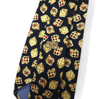 CELINE Made in Spain Navy Silk Necktie All-over Pattern Playing Cards Dice