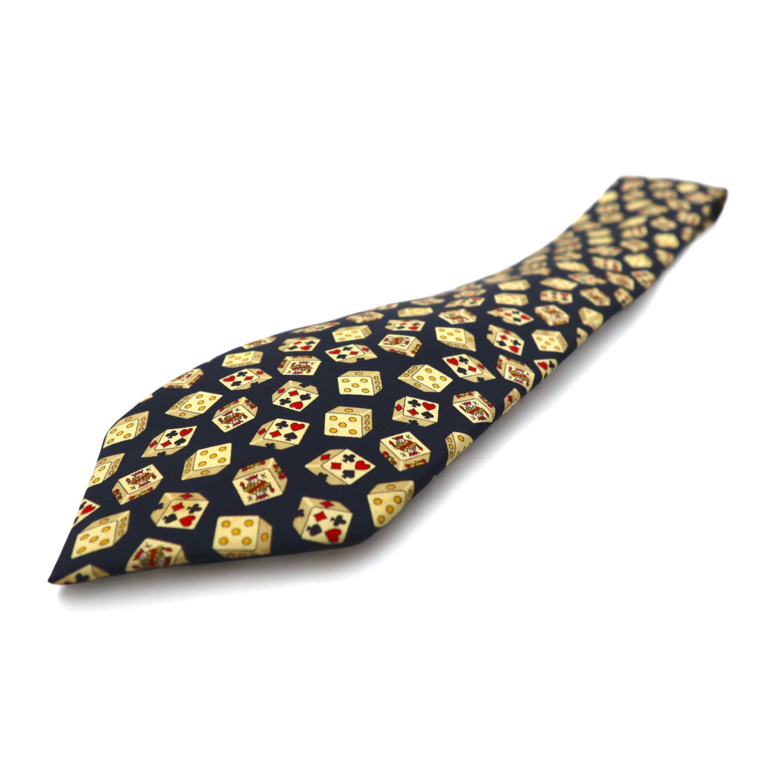CELINE Made in Spain Navy Silk Necktie All-over Pattern Playing Cards Dice