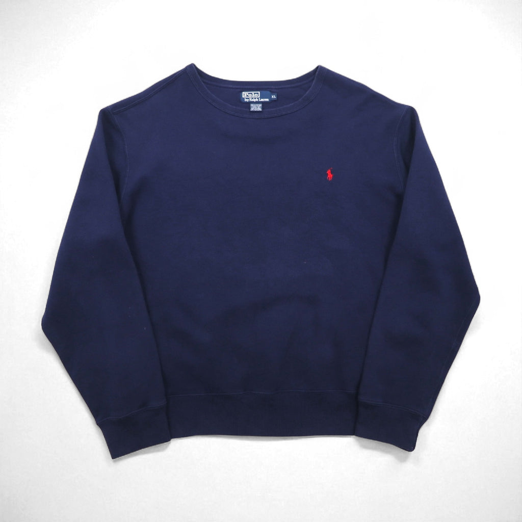 Polo by Ralph Lauren 90s Crew Neck Sweatshirt, Size XL, Navy, Solid Cotton, Small Pony Embroidery