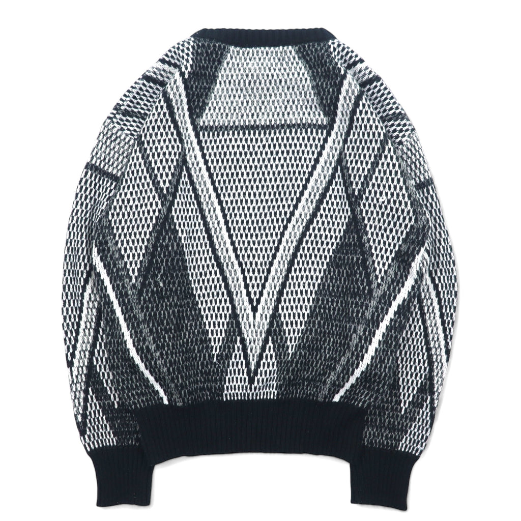 90s Alan Stuart all-over print knit sweater M size black grey acrylic geometric pattern leather inserts