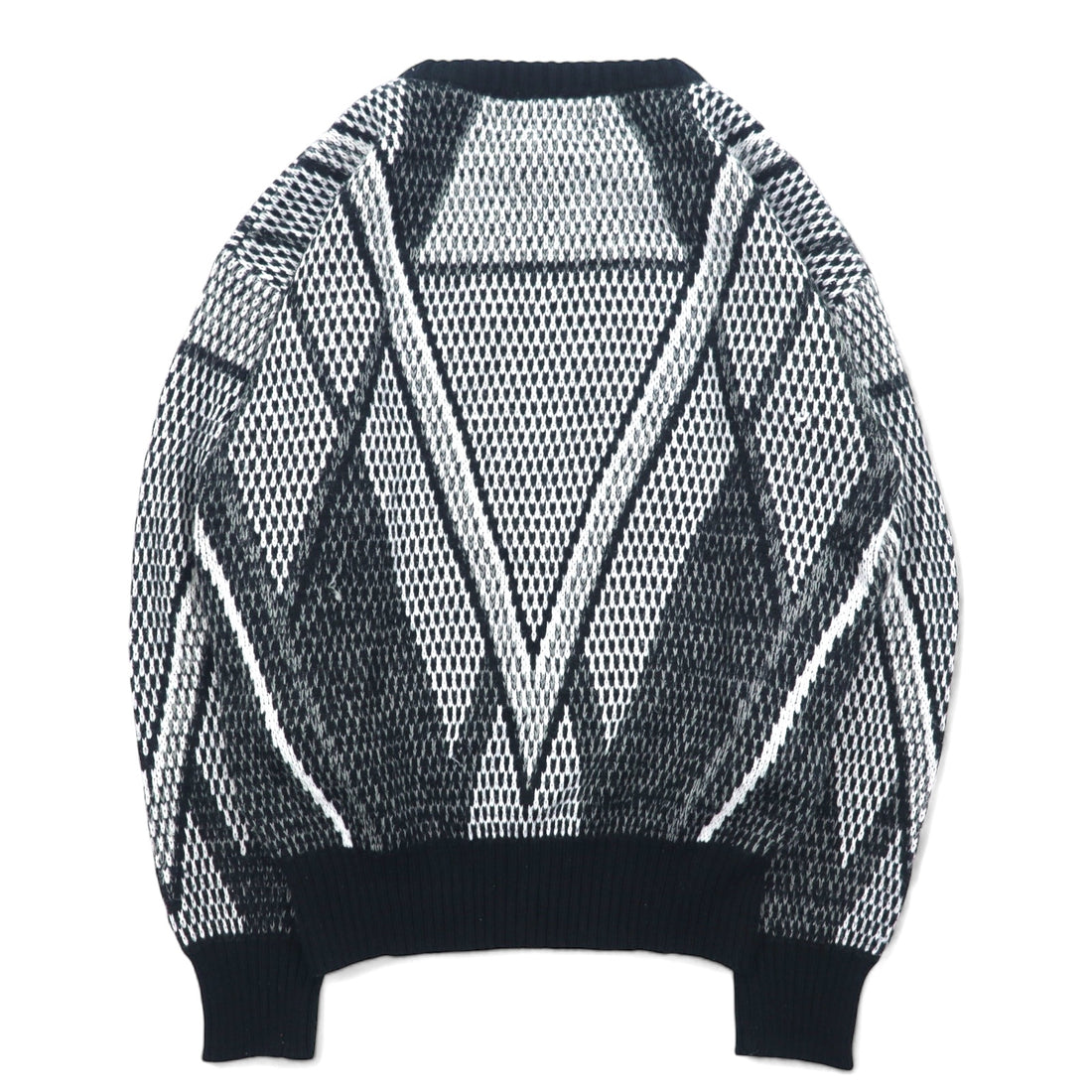 90s Alan Stuart all-over print knit sweater M size black grey acrylic geometric pattern leather inserts
