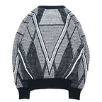 90s Alan Stuart all-over print knit sweater M size black grey acrylic geometric pattern leather inserts