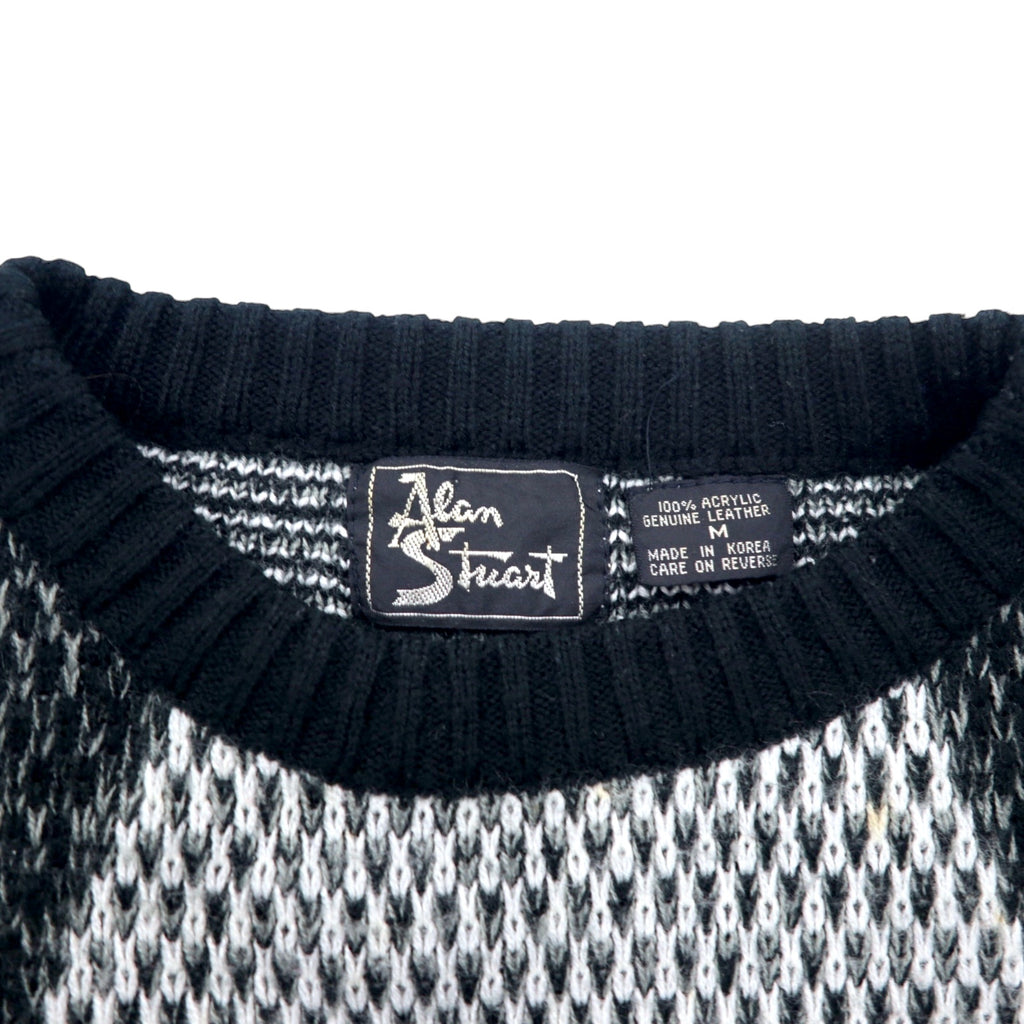 90s Alan Stuart all-over print knit sweater M size black grey acrylic geometric pattern leather inserts