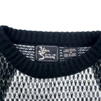 90s Alan Stuart all-over print knit sweater M size black grey acrylic geometric pattern leather inserts